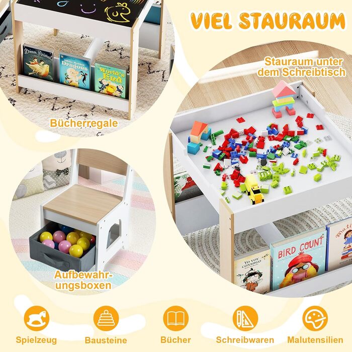 Детский стол со стульями COSTWAY 3 в 1, деревянная мебель для детей от 3 лет с откидной столешницей, полкой и ящиками