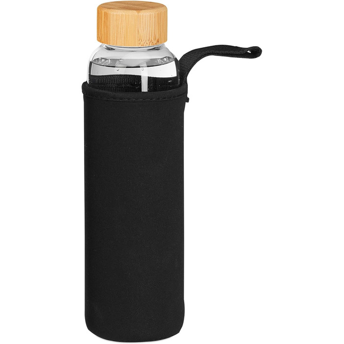 Пляшка для води Relaxdays з бамбуковою кришкою, набір 6 шт. , 500 мл, пляшка для води з чохлом, боросилікатне скло, прозорий/чорний набір із 6 прозорих/чорних
