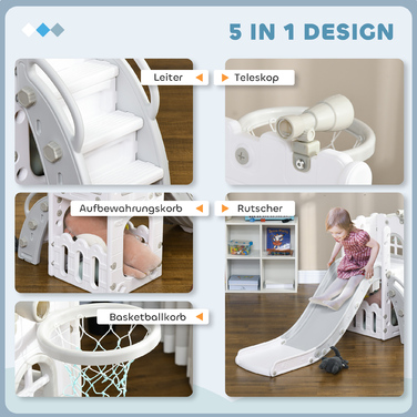 Дитяча гірка 5-в-1 з баскетбольним кільцем та розсувною конструкцією для лазіння, сірого кольору, розміром 70 x 177 x 92 см