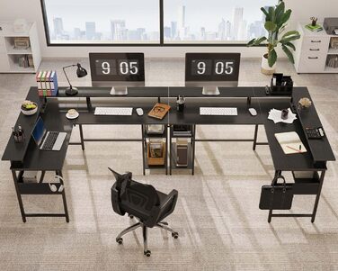 Роланстар Стіл ігровий L-подібний з LED та розеткою, 137 x 108 см, комп'ютерний стіл з підставкою для монітора та місцем для зберігання, реверсивний кутовий стіл для офісу, домашнього офісу (Білий) (Чорний)