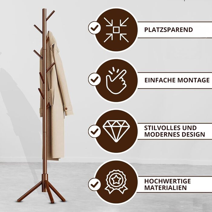 Дерев'яна вішалка для одягу Bayt - 175 см, 8 гачків, регульована висота, коричнева