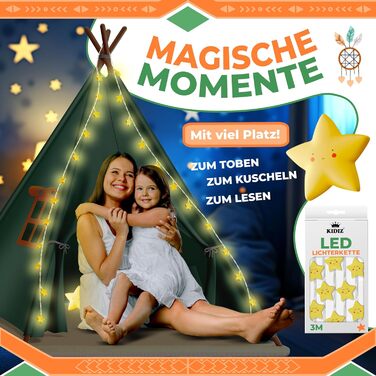Дитячий намет KIDIZ Teepee 100x100x160см зі світлодіодом, декором та аксесуарами для дому та вулиці (зелений)