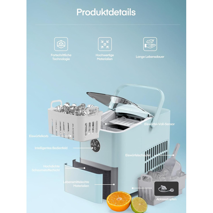 Льодогенератор FOHERE 14 кг/24 год, швидке виробництво льоду (5 хв), 2 розміри кулеподібного льоду, самоочищення, з ручкою, лопаткою та кошиком, для дому, офісу, вечірок (BabyBlue)