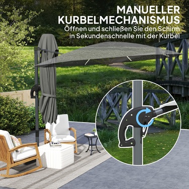 Outsunny Alu Centilever Parasol LED Solar Ø300 см регульована по висоті парасолька з кривошипною підставкою UV50+ Водовідштовхувальний ринок Обертовий ринок на 360° Нахилена садова парасолька Сонцезахисний захист для саду Балкон Темно-сірий