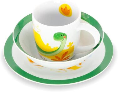 Набір дитячого посуду BIOZOYG з порцеляни: 3 шт. (тарілка, чашка, миска) з динозавром, безпечний для миття в посудомийній машині, подарунок для дитини