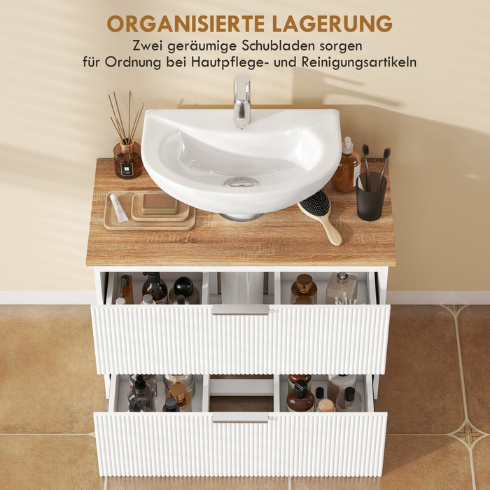 Підвісна шафка під раковину для ванної кімнати, 80 см, з двома великими висувними ящиками (підходить для раковин зі зливом та без), колір білий.