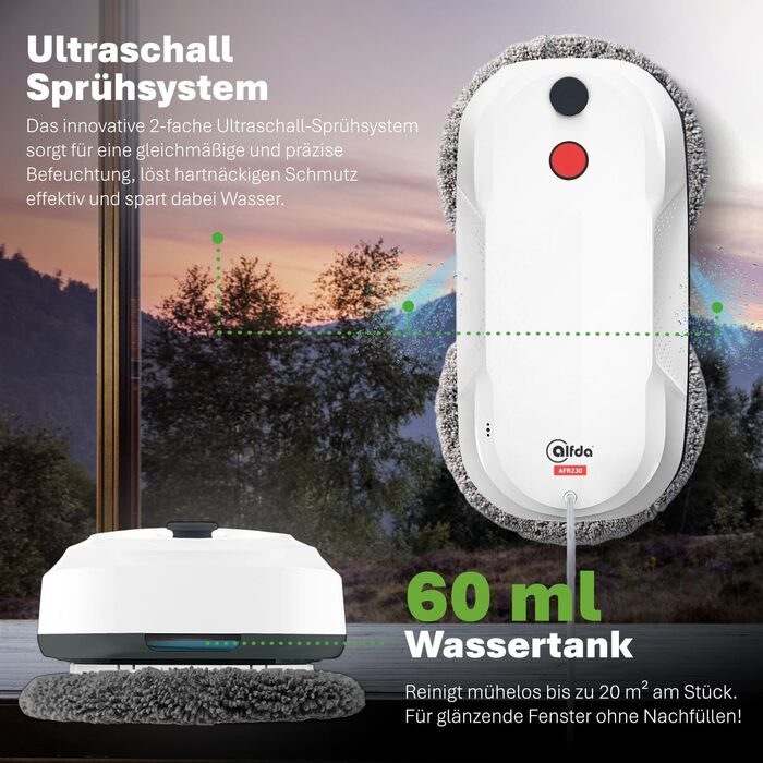 Робот для миття вікон AFR230 з подвійним розпиленням, інтелектуальною навігацією та пультом дистанційного керування, для внутрішніх та зовнішніх вікон, об'єм бака 60 мл, сумка для зберігання, 8 ганчірок