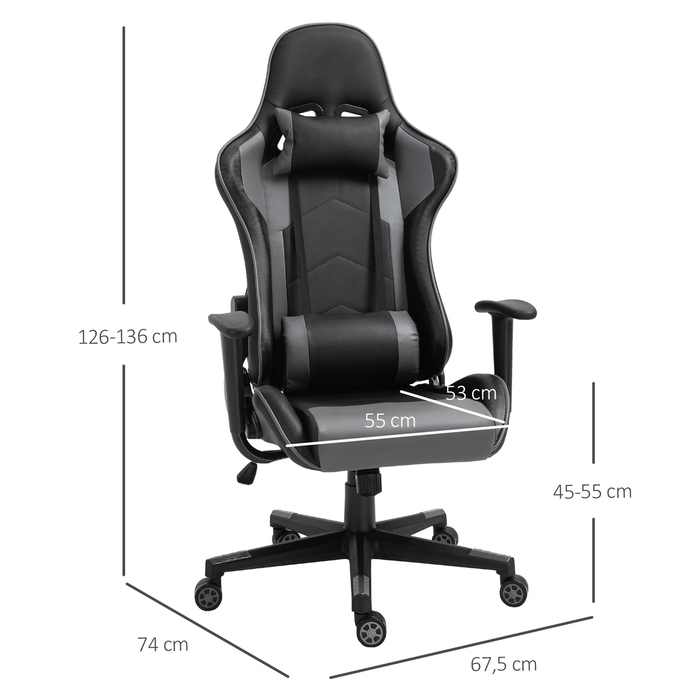 Крісло ігрове Vinsetto Ergonomic, поворотне, з екошкіри та піни, чорного кольору, розміром 67,5x74x126-136 см, для комфортної роботи та ігор.