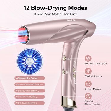 Складний туристичний фен llano Hair Dryer з дифузором, високошвидкісний іонний фен для волосся з безщітковим двигуном, швидковисихаючий фен з магнітною насадкою для дому, подорожей і салону (лід) (рожевий)