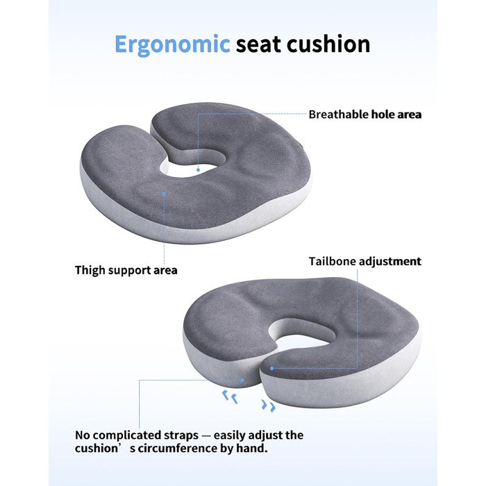 Ортопедична подушка-кільце з ефектом пам'яті Memory Foam для копчика та копчик-підтримки, пом'якшення болю при геморої, ішіасі, вагітності та післяопераційному відновленні (сіра)