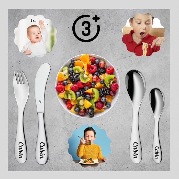 Дитячий столовий прилад WMF Kinderbesteck з гравіюванням імені - персоналізований столовий прилад - індивідуальний хрещення подарунок - для хлопчика/дівчинки - набір з 4 предметів (Knuddel)