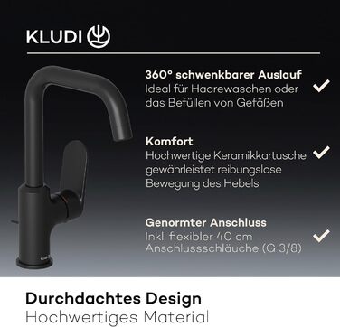 Змішувач для ванної кімнати KLUDI-X1 з висувним зливом, поворотний 360°, висота виливу 205 мм, водозберігаючий, розмір L, з підключенням, чорний матовий