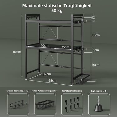 Регульована полиця для мікрохвильової печі NETEL 3-ярусна, чорна, висувна 40-60 см, з кошиками