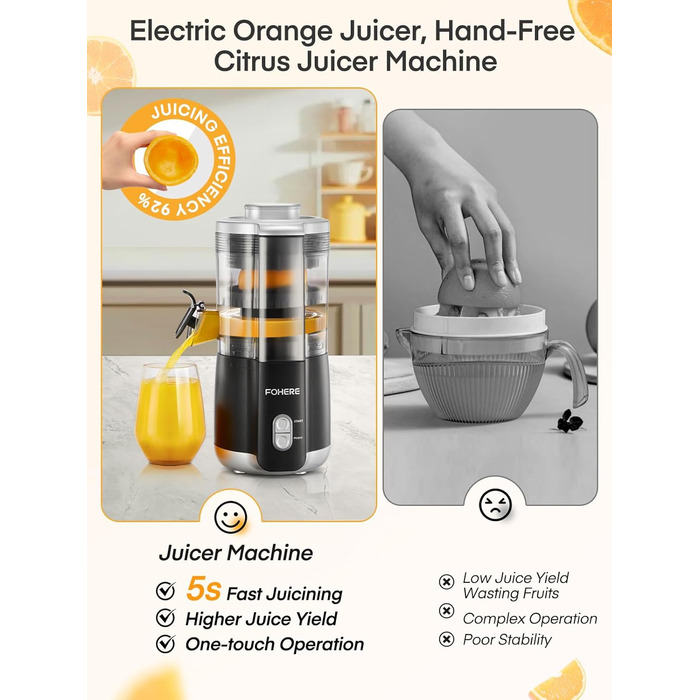 Електрична прес для цитрусових FOHERE, автоматична соковичавниця для апельсинів, грейпфрутів, лимонів, з потужним мотором 100W, без BPA, 2 конуси для різних фруктів, чорний