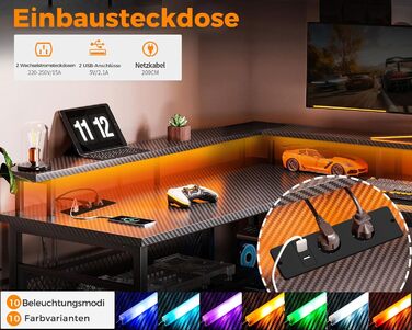 Ігровий стіл ODK з LED-підсвічуванням, 150x102 см, з 2 розетками та 2 USB-портами, кутовий, з підставкою для роутера, карбон, чорний