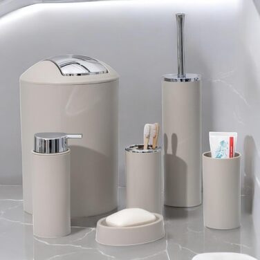 Набір аксесуарів для ванної кімнати 6tlg Badset: мильниця, стакан для зубних щіток, відро для косметики, щітка для унітазу з тримачем, мильниця, сміттєвий бак, тримач для зубних щіток, повна ванна кімнатна гарнітура (бежевий дизайн 2a)