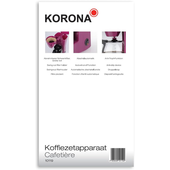 Кавоварка Korona 10119 в кольорі Berry Кавоварка з фільтром Purple Зі скляним глечиком За 12 чашок кави Нагрівальна плита Поворотний фільтр 800 Вт Single Berry