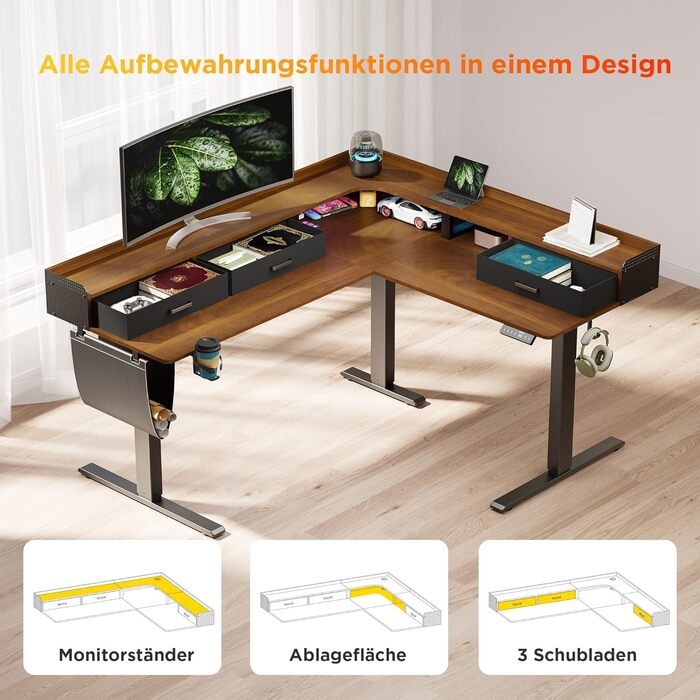 Регульований кутовий стіл L-подібної форми, електричний, 160 x 140 см. З 3 висувними ящиками, для офісу, геймінгу. Чорний горіх.