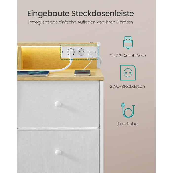 SONGMICS Комод з 9 висувними ящиками та LED-підсвічуванням, з розеткою, сталевий каркас, 33,5 x 114 x 84 см, для спальні/вітальні, білий, LTS519W02