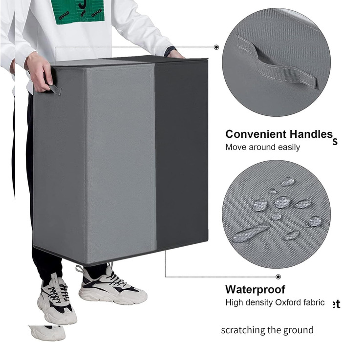 WOWLIVE Подвійний кошик для білизни з кришкою, великий, складний, 2 секції з ручками, сірий+чорний (154л)
