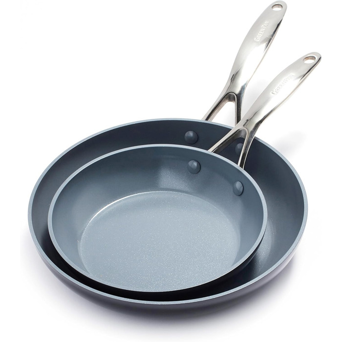 Набір сковорідок GreenPan Valencia Pro з антипригарним покриттям Hartelox, 20 см та 26 см, не містить PFAS, з нержавіючою ручкою, для індукційних плит, можна мити в посудомийній машині та використовувати в духовці, сірий колір