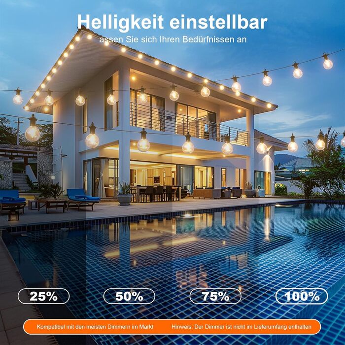 Льо́нтанка Kawaya 10 метрів, LED, для вулиці, 15+1 лампочки, IP65, вологостійка, тепле світло, для балкона, тераси, саду, весілля, заднього двору