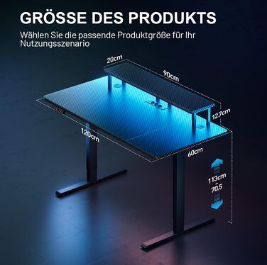 Ігровий стіл HLONONE з LED підсвічуванням, регульована висота 120 x 60 см, електричний, з розетками та підставкою для монітора, стіл для стояння/сидіння з функцією пам'яті, чорний
