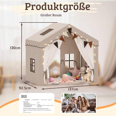 Дитяче намет-будиночок EROMMY 2-в-1 з килимком, прапорцями та світлодіодними смугами, двостулковими дверима, даховим вікном, для дому, вік 3+, коричневий