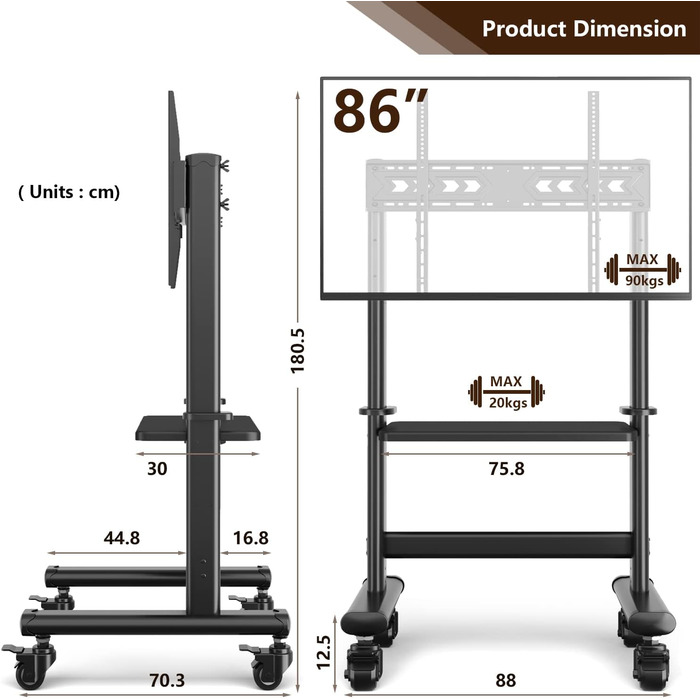 Телевізійний візок RFIVER з регулюванням висоти 50-86 дюймів, мобільний і стабільний, макс. 90 кг, VESA 800x600 мм