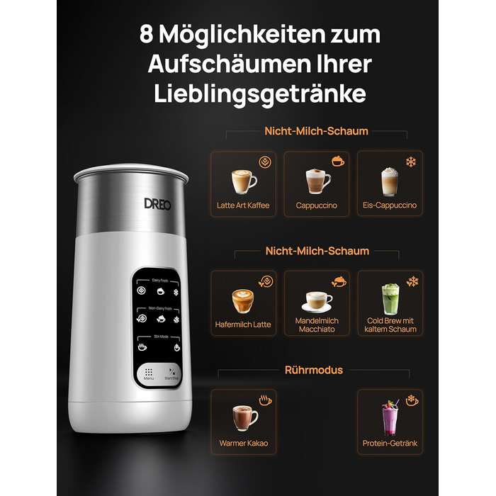 Dreo електричний спінювач молока 8-в-1 для лате арт, 270 мл, з підігрівом, LED, білий