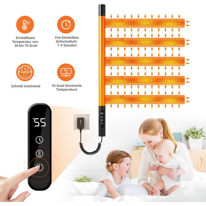 Електричний сушильник для рушників ZOYI 180° поворотний, 140W, чорний (сушарка для ванної кімнати, настінний)