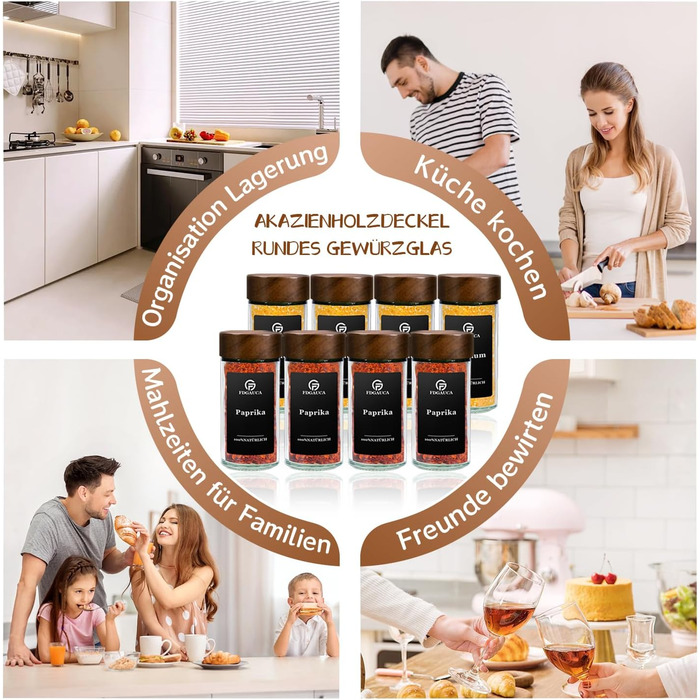 Набір скляних баночок для спецій з акціїйного дерева | 24 шт. з етикетками | Організатор для кухні | 120 мл