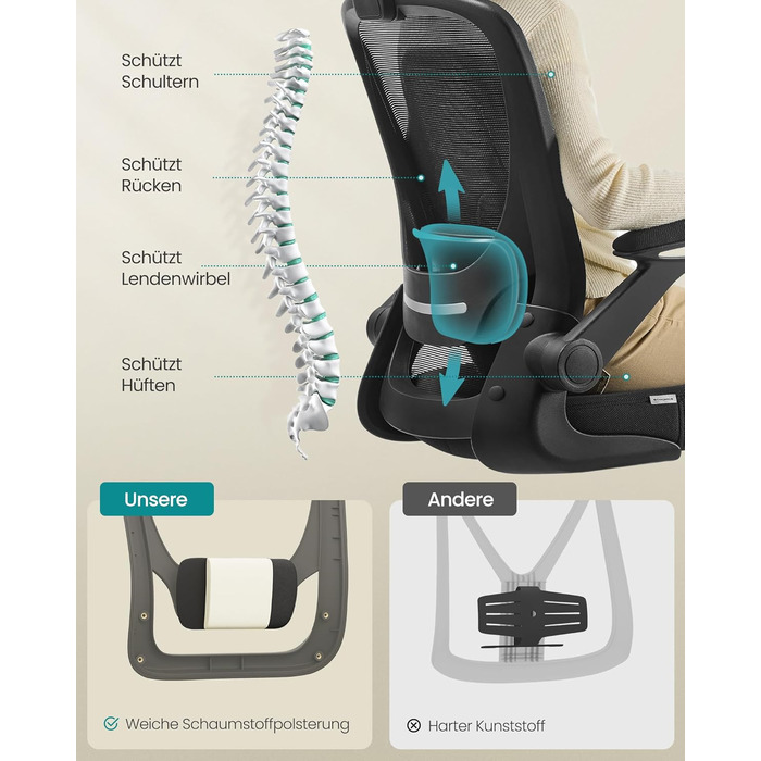 Офісний стіл SONGMICS з ергономічним дизайном, поворотне крісло з сітчастою спинкою, підтримка попереку, функція гойдання, сидіння 53 см, відкидні підлокітники, для роботи та спальні, студентів, OBN037R01 (без підголівника)
