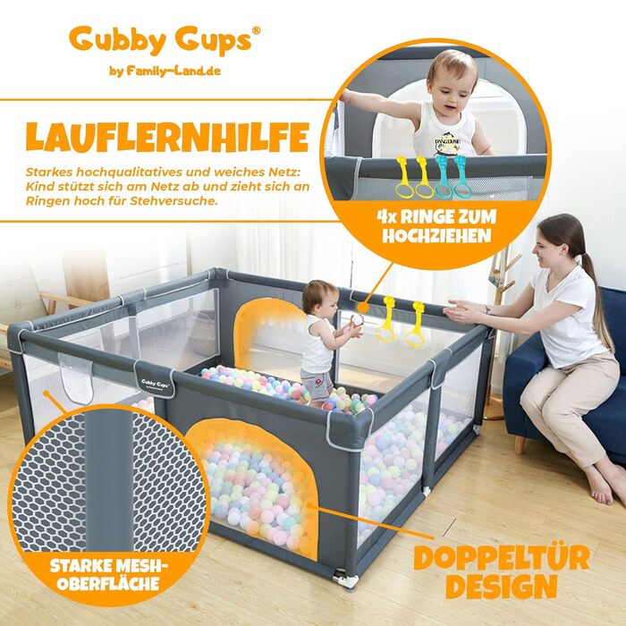 Дитячий лабіринт GUBBY GUPS® з басейном для кульок, баскетбольним кільцем та ворітами для футболу, 188x124x66 см, як допомога для ходьби (сірий, з ігровим килимком, 50 кульок, 4 кільця, 1 сумка)