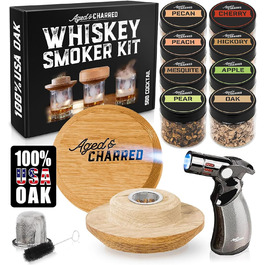 Набір для копчення віскі з факелом та сиропом у ретро-стилі – 8 смаків дерев'яної стружки – подарунок для чоловіків Bourbon, набір для копчення коктейлів – кришка з дубової деревини з США (без бутану), стандартний набір з ліхтариком