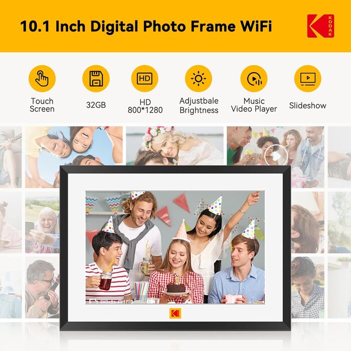 Цифровий фоторамка Kodak WiFi 10,1 дюйма, вбудована пам'ять 32 ГБ, сенсорний екран 1280x800, акумулятор 4000 мАг (чорний)