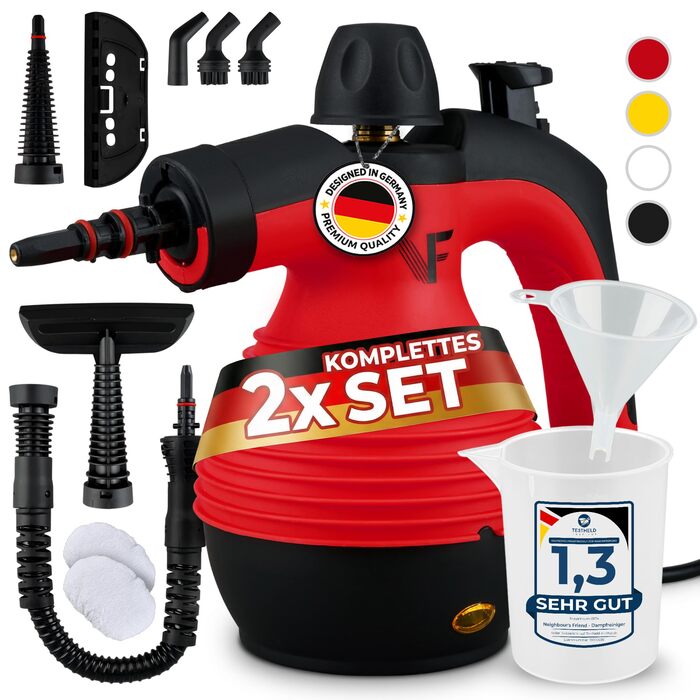 Пароочисник ручний Neighbor's Friend® Нова модель – Потужний ручний пароочисник, 3,5 Bar, кабель 4м, бак 350мл. Підходить для авто, майстерні, дому та миття вікон. (Пароочисник – Червоний – 2 шт.)