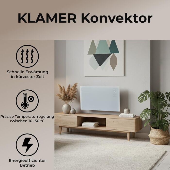 Конвектор електричний KLAMER Konvektor Pro 2500W з Wi-Fi, керуванням через додаток та таймером, режими ECO та Frostschutz, LED-дисплей, захист від перегріву, для дому та спальні, білий, настінний/підлоговий