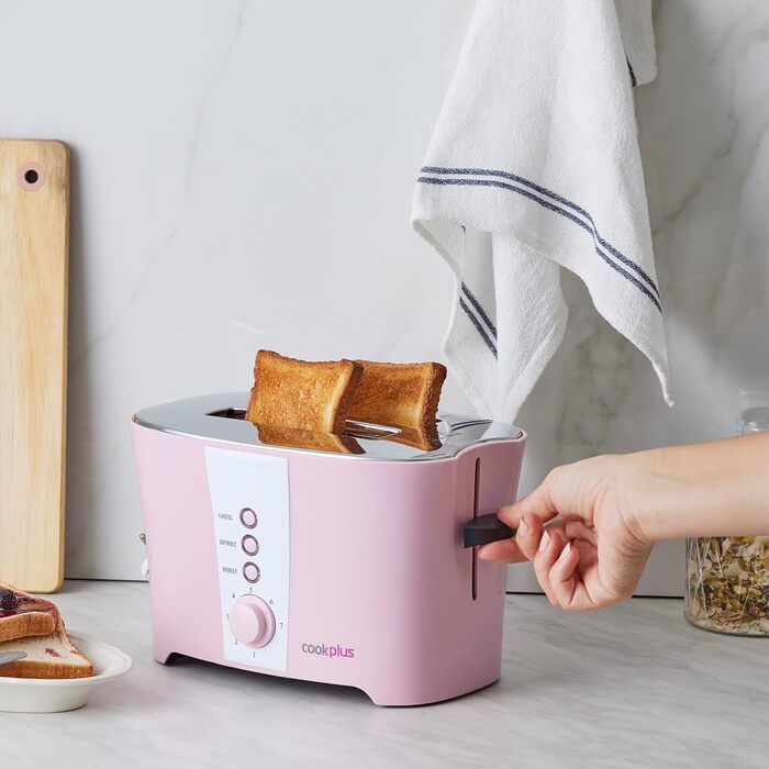 Рожевий тостер Cookplus 800 Вт 220-240 В змінного струму 50 Гц для 2 скибочок хліба, 7 режимів нагріву, кнопки вимкнення, функції розігріву та лотка для крихт, який легко чистити