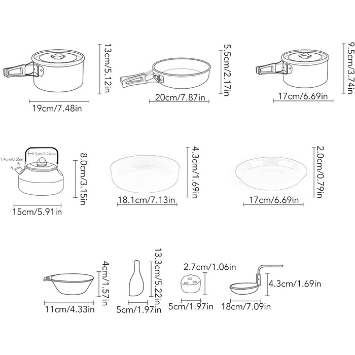 Набір кемпінгового посуду Pwshymi, Набір для приготування їжі для кемпінгу, компактна пружинна застібка, стійка до тертя, нержавіюча сталь з блюдцем для подорожей