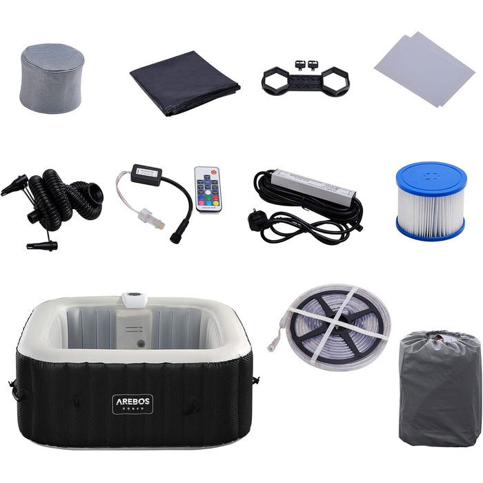 Надувний гідромасажний басейн-джакузі Arebos Whirlpool 154x154 см з LED-підсвіткою, підігрівом та 100 масажними форсунками на 4 особи, 600 л, з кришкою