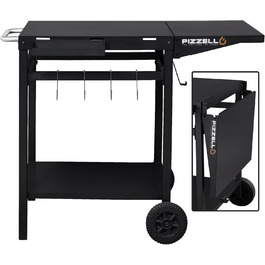 Гриль-візок PIZELLO з підготовчою станцією: візок для гриля, піца-стіл, сервірувальний візок з коліщатками, гачки, ручка, трансформована робоча поверхня, чорний