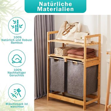 Кошик для білизни YOUDENOVA з бамбукового каркасу, 2 відсіки, 2 висувні мішки для білизни, 93x64x33 см, 70 л, сірий