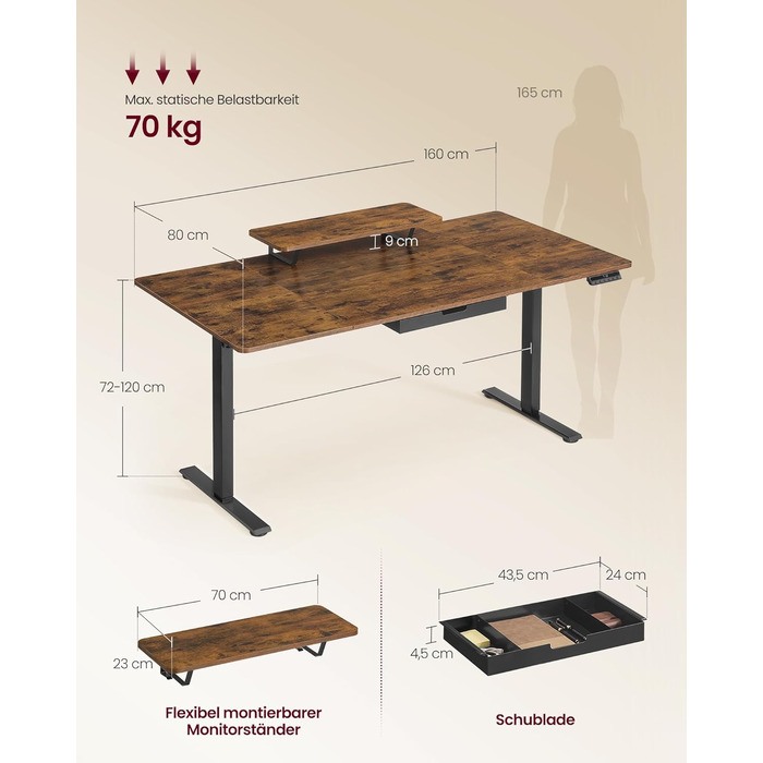 Стол для роботи VASAGLE з регулюванням висоти, 160 x 80 см, з підставкою для монітора, шухлядою та USB-C, нагадування про рух, для офісу, вінтажний коричневий