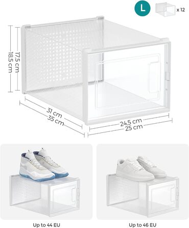 Коробки для взуття SONGMICS, набір з 12 шт. , органайзер для взуття з пластику, складний і штабельований, для взуття до 46 розміру, прозоро-білий LSP12MWT 12 шт. (31 х 24,5 х 17,5 см) Прозорий Білий