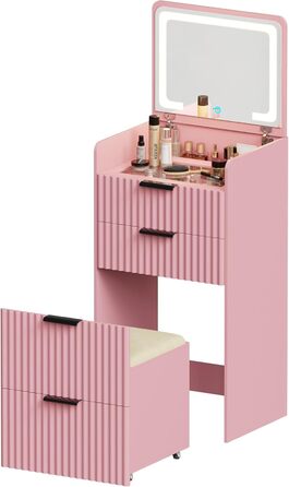 Трюмо Lvifur з LED-дзеркалом та 3 шухлядами, кутовий, для спальні, квартири, гуртожитку, білий (рожевий)