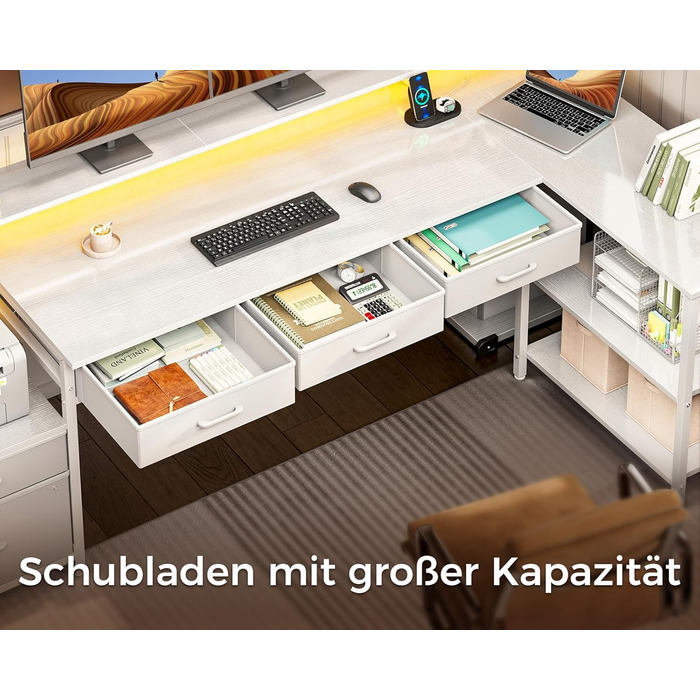 Комп'ютерний стіл кутовий Coleshome з шухлядами, 195x100 см, з розеткою, LED-підсвіткою та підставкою для монітора, реверсивний, з полицею для офісу