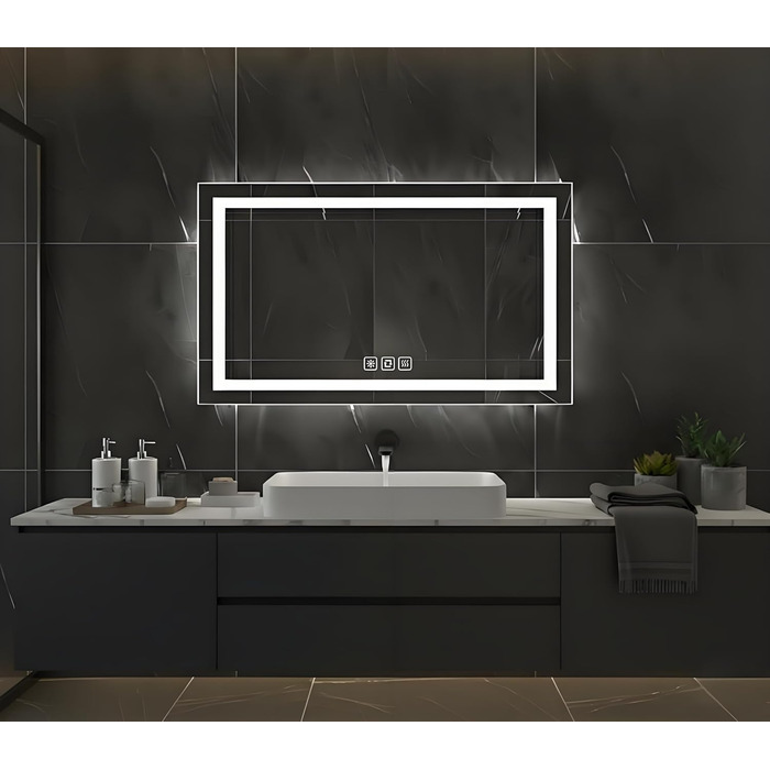 Дзеркало для ванної кімнати Luminorcrest з підсвічуванням, прямокутне 60 x 80 см, LED, 3 кольори, диммування, сенсорне управління, антизапар, CRI90+, загартоване скло, бічне та заднє підсвічування