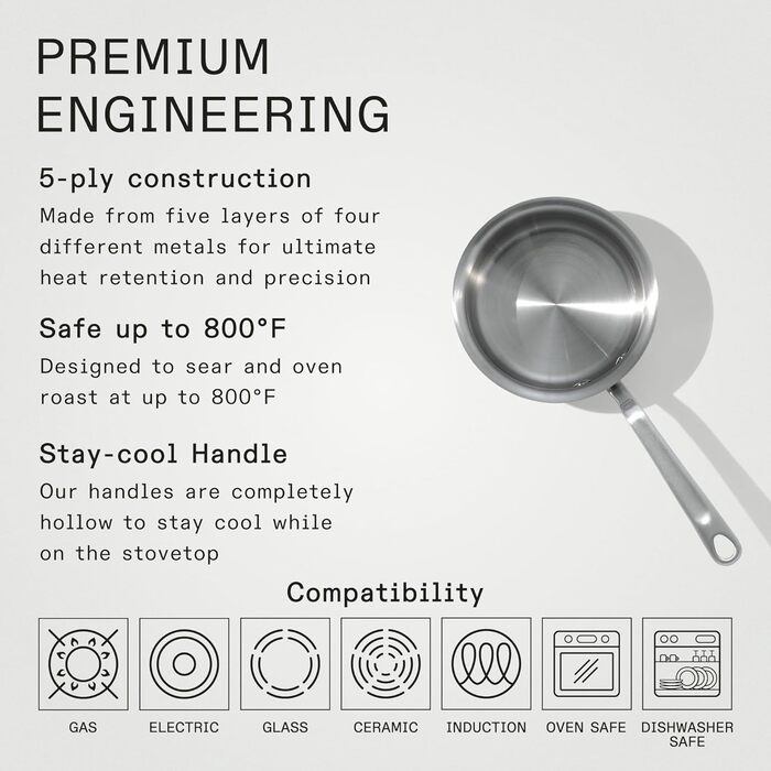 Каструля для розігрівання масла Made In Cookware, 1.7 л, нержавіюча сталь, 5-шарова конструкція, професійний посуд, з Італії, сумісна з індукцією