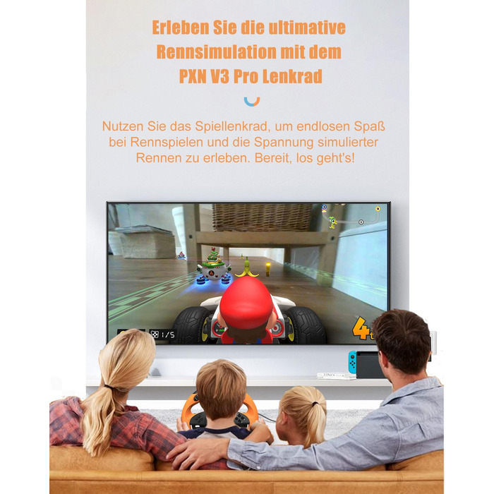 Ігровий кермо PXN V3 Pro з педалями, 180° поворот, вібрація, перемикачі на кермі та педалях - для PC, PS4, PS3, Xbox, Nintendo Switch (Помаранчевий)